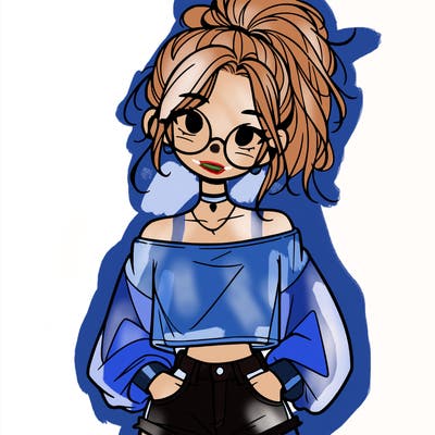 girl with a messy ponytail glasses a baggy crop top and jean shorts