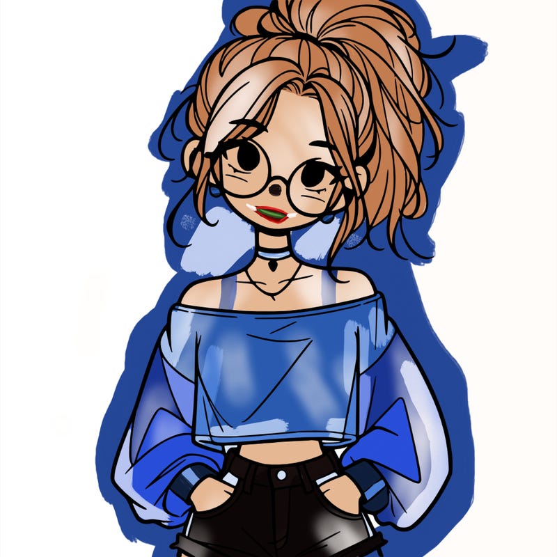 girl with a messy ponytail glasses a baggy crop top and jean shorts