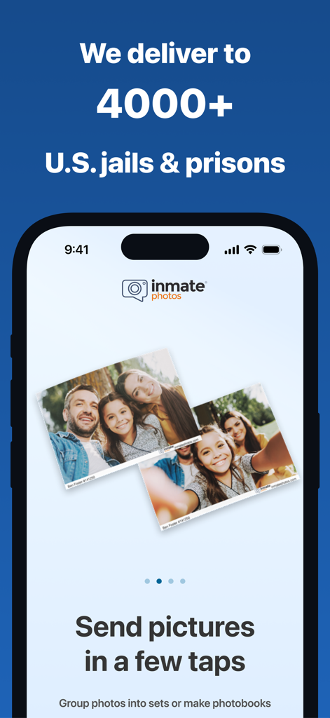 Inmate Photos, send to prison - Pantalla de la aplicación Inmate Photos mostrando la entrega a más de 4000 cárceles y prisiones de EE. UU.