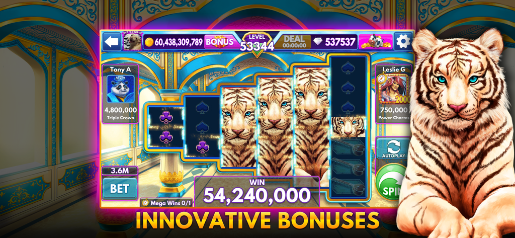 Mobile Spieloberfläche von Diamond Sky Slots mit weißem Tiger-Thema und Big-Win-Bonus
