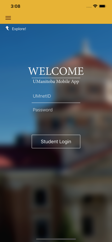 UManitoba - UManitoba mobile app student login screen