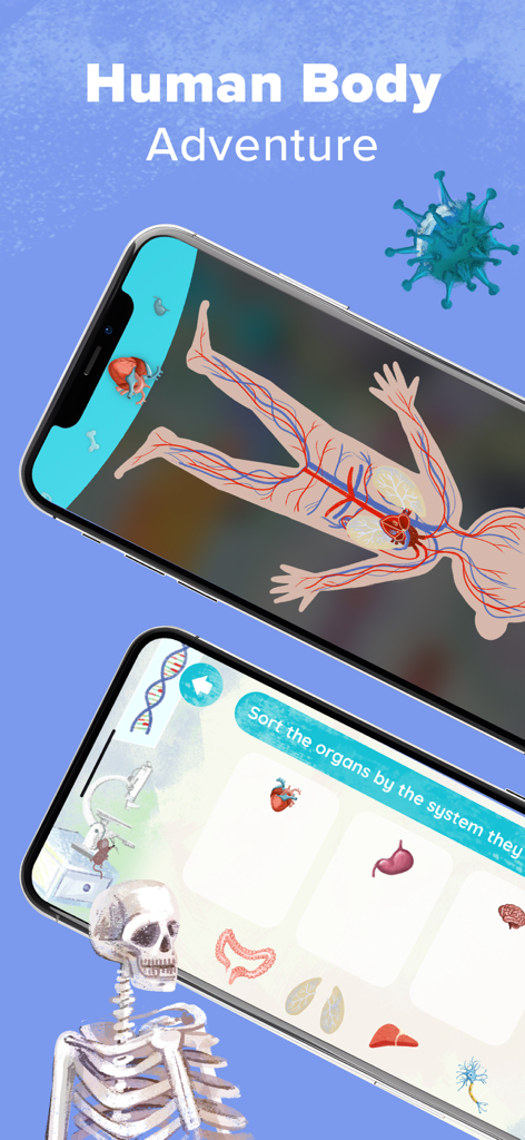 Smart Kiddo Montessori Kids 3+ - Smart Kiddo Montessori app interface showing human body anatomy and organ sorting activities for kids