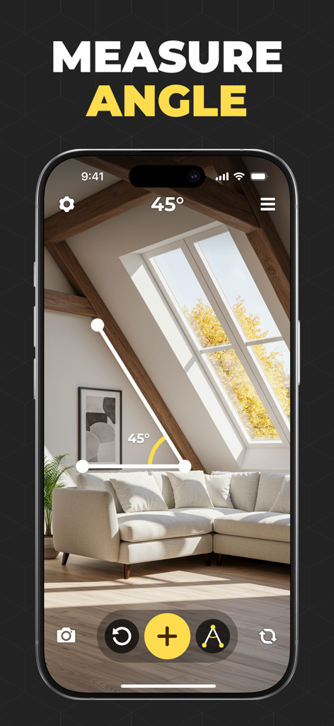 iPhone screen showing an augmented reality app measuring a forty-five degree angle of a wooden ceiling beam in a living room