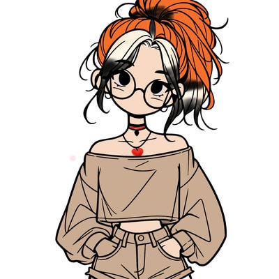 girl with a messy ponytail glasses a baggy crop top and jean shorts