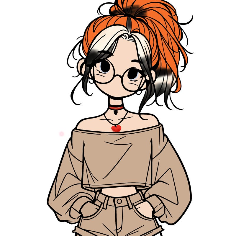 girl with a messy ponytail glasses a baggy crop top and jean shorts