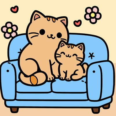 a mom cat and a kitten on a sofa