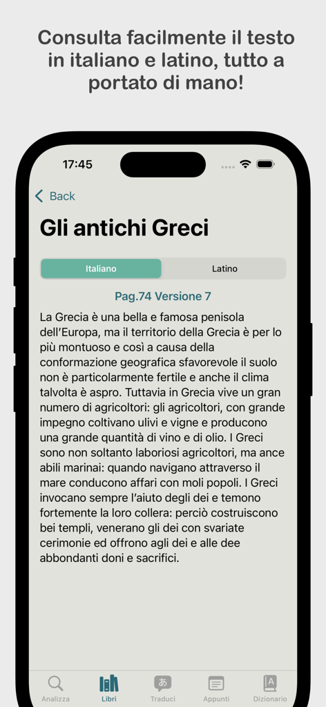Latinorum - Latinorum app interface showing an Italian translation of a Latin text passage titled Gli antichi Greci