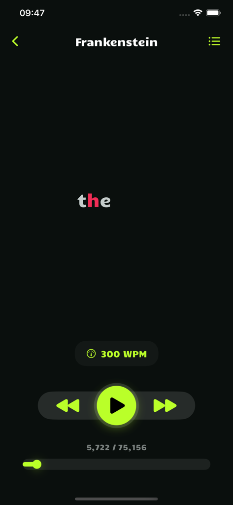 SpeedMind - Speed Reading App - Interfaz de la aplicación SpeedMind que muestra el modo de lectura rápida RSVP a 300 palabras por minuto