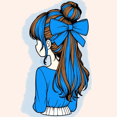 realistic girl  with hip length hair a bun and a big bow on the back of head