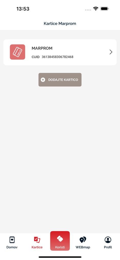 Marprom Shop - La pantalla de la aplicación Marprom Shop mostrando las tarjetas de transporte guardadas y un botón para agregar tarjeta