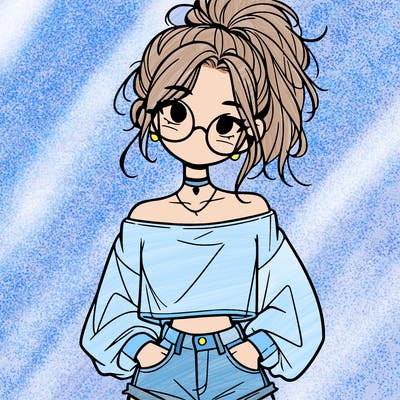 girl with a messy ponytail glasses a baggy crop top and jean shorts