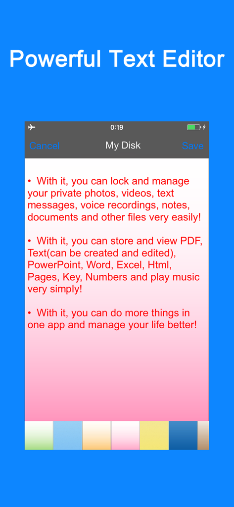 Secret Photo Vault Lock Photos - Captura de tela do recurso de editor de texto no aplicativo Cofre Secreto de Fotos mostrando cores de fundo personalizáveis para notas privadas.