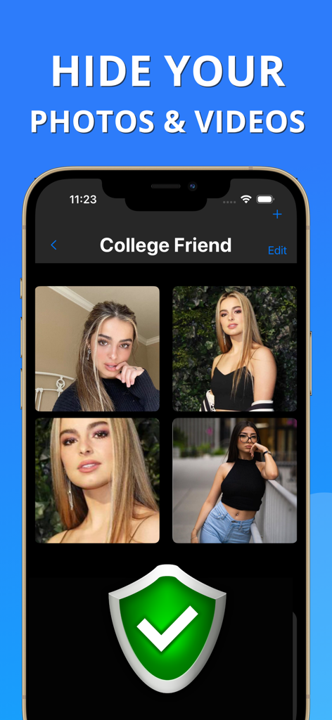 Safe Private Vault: keep safe - A smartphone screen displaying a private folder of hidden photos with a green security shield icon