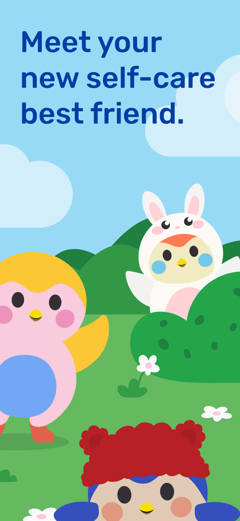 Finch: Self-Care Pet - Tres lindas mascotas finch ilustradas en un paisaje colorido con el texto 'conoce a tu nuevo mejor amigo de autocuidado'