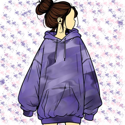 realistic girl with a oversized sweatshirt on and a bun