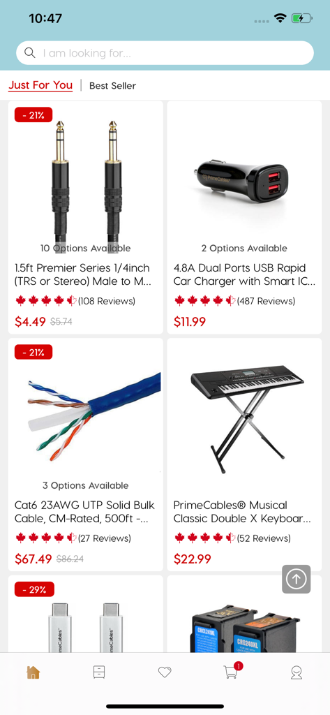 Shopper+ - Shopper plus app interface displaying a variety of electronics and home office products with discount labels