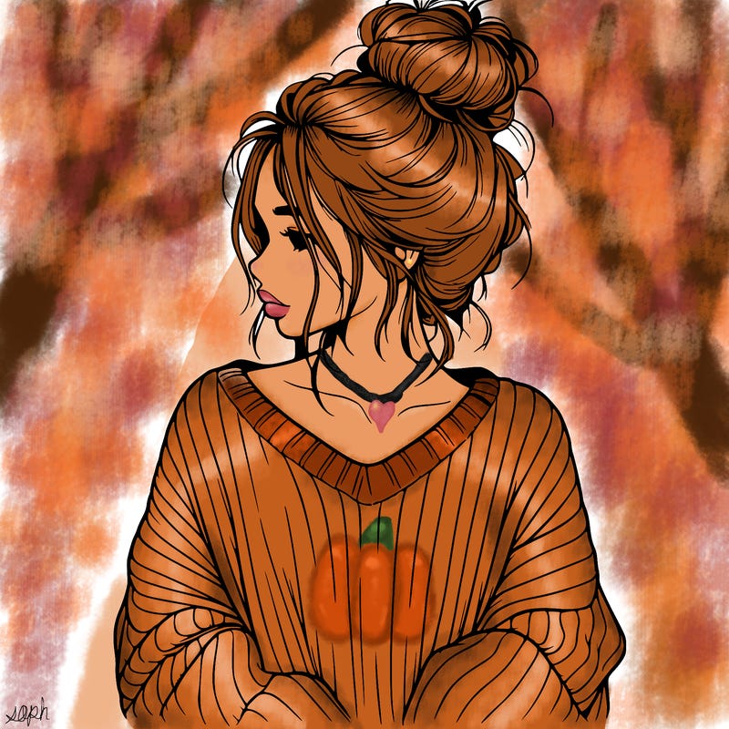 realistic girl wearing a messy bun and an oversized sweater