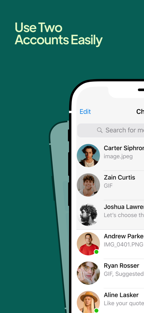 여러 메신저 프로필을 관리하기 위한 '두 계정 쉽게 사용'이라는 헤드라인과 함께 연락처 목록을 보여주는 스마트폰 인터페이스.