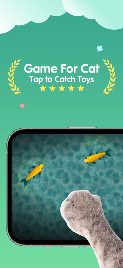 La patte d'un chat touche l'écran d'un mobile avec des poissons jaunes numériques.