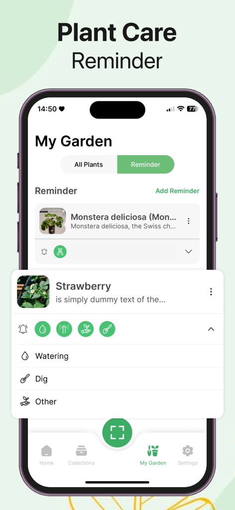 Interface de l'application mobile montrant des rappels d'entretien des plantes et des tâches de jardinage pour les plantes Monstera et Fraisier
