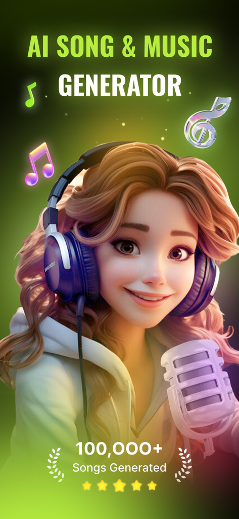 GenSong AI: Music Generator - Banner promocional para GenSong AI Music Generator con una mujer joven usando auriculares con un micrófono y notas musicales