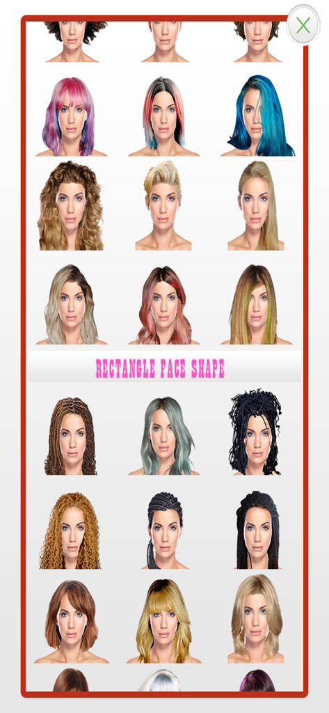 A collection of various hairstyles and hair colors recommended for rectangle face shapes