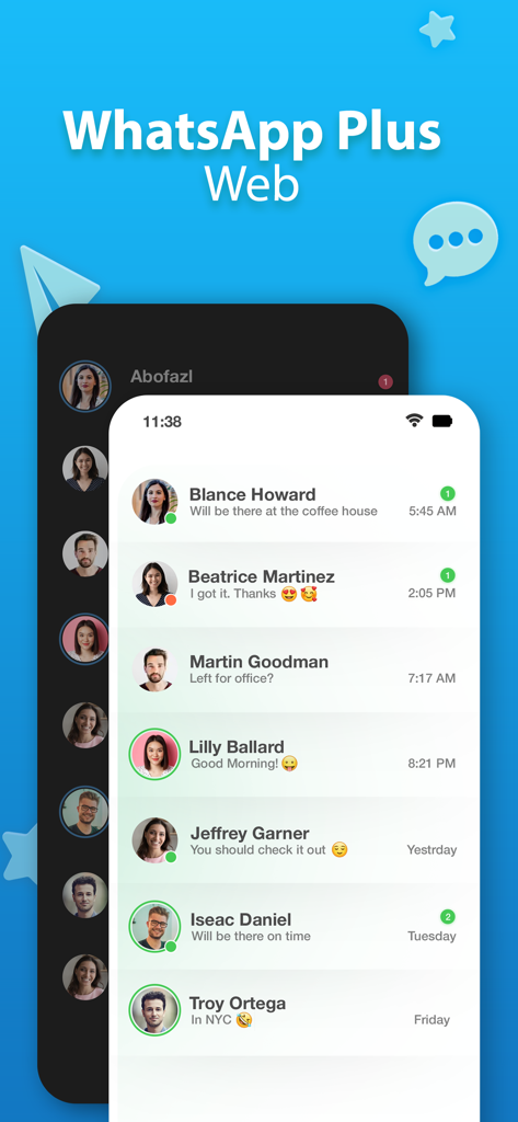 Capture d'écran de l'application Whats plus montrant l'interface de chat WhatsApp Web avec une liste de conversations de contacts