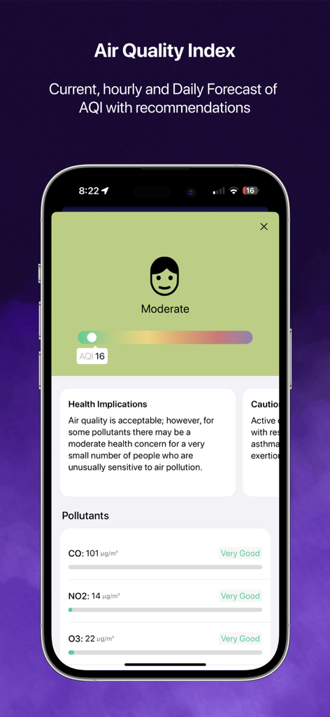 Air Quality Index screen in HeyWeather showing pollutant levels and health advice