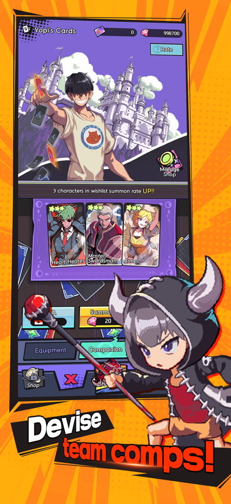 Hardcore Leveling Warrior - Hardcore Leveling Warrior Charakterbeschwörungsbildschirm mit Yopis Karten und Charakterkarten für Heart Heater und Master Swordsman