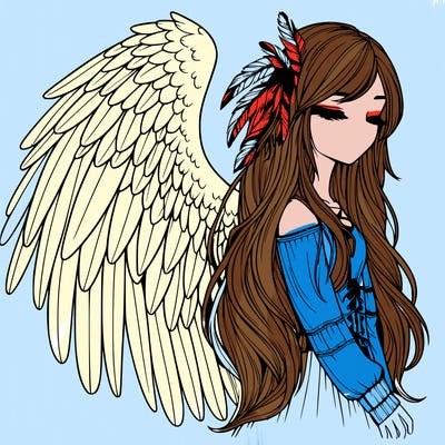 realistic girl with bird wings and some feathers in her hair
