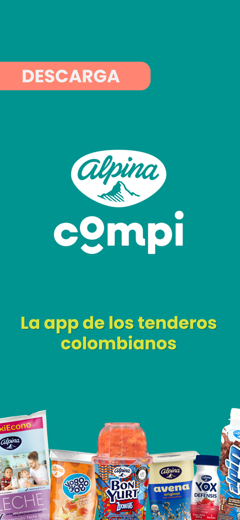 Compi Alpina - Pantalla promocional de la aplicación Compi Alpina para tenderos colombianos que presenta varios productos lácteos