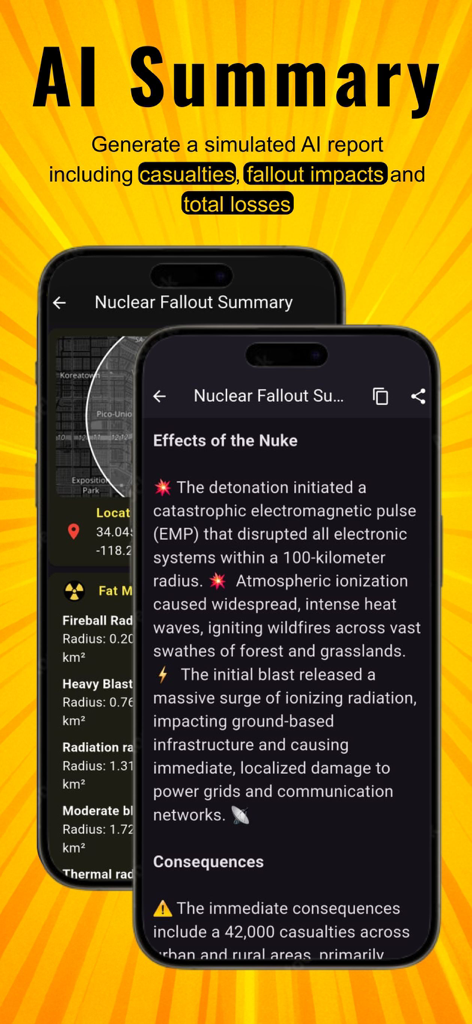 Pantalla de smartphone que muestra un resumen de IA de las consecuencias y víctimas simuladas de la lluvia radiactiva nuclear.