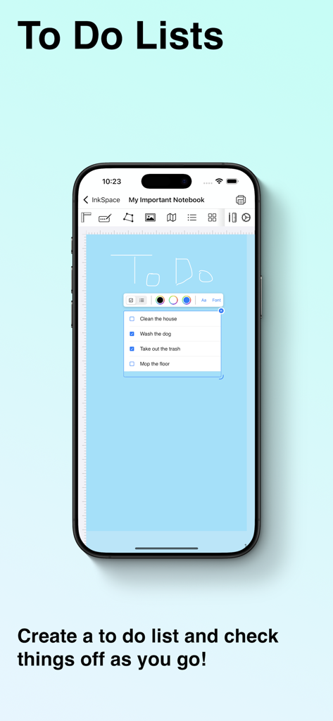 iPhone mit einer digitalen To-Do-Liste mit Kontrollkästchen auf einer blauen Seite in der InkSpace-App.