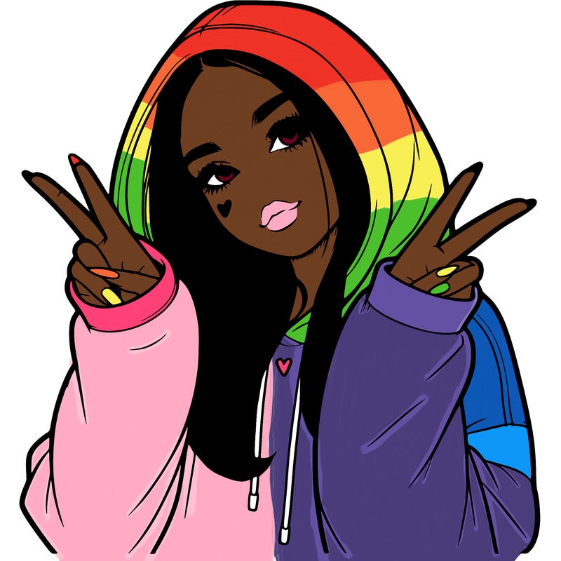 realistic girl in an oversized hoodie showing an ✌️