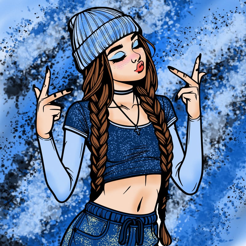 realistic teenage girl with braids and a beanie and crop top doing 🫶🏼