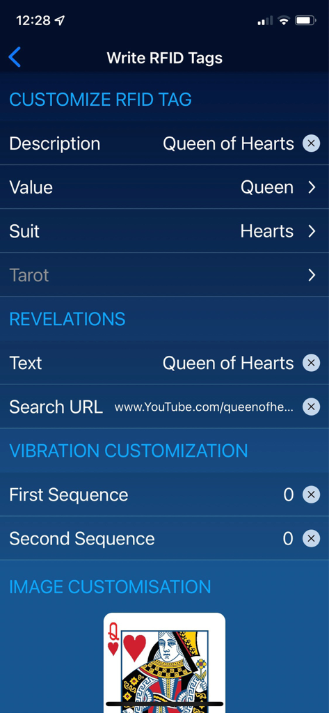 Interface of the Unifi Thumper app showing customization settings for an RFID tag assigned to a Queen of Hearts playing card