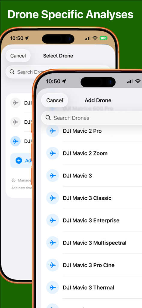 Weather 4 Fly Drone & NOTAM - Selection screen for drone models like DJI Mavic to customize flight safety analyses