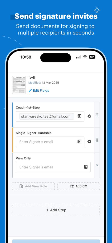 SignNow app interface for sending document signature invites to multiple recipients