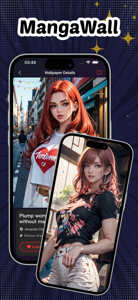 MangaWall - Pantalla de la aplicación MangaWall en iPhones con fondos de pantalla de chicas de anime de alta definición