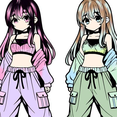 anime girl wearing a crop top and baggy pants