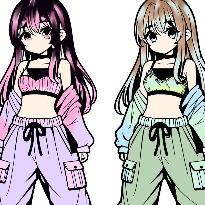 anime girl wearing a crop top and baggy pants