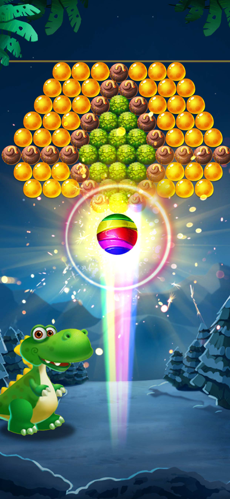 Una bolla arcobaleno viene sparata verso un grappolo di bolle colorate nel gioco Bubble Shooter Dragon Pop con un personaggio dinosauro verde in primo piano