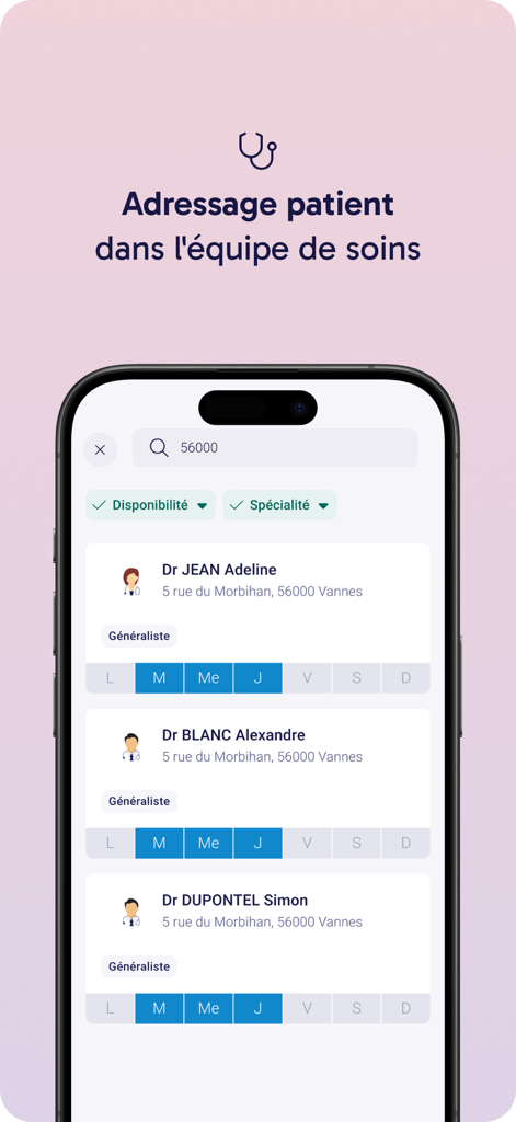 Mobile app screen showing a directory of general practitioners with their availability and location