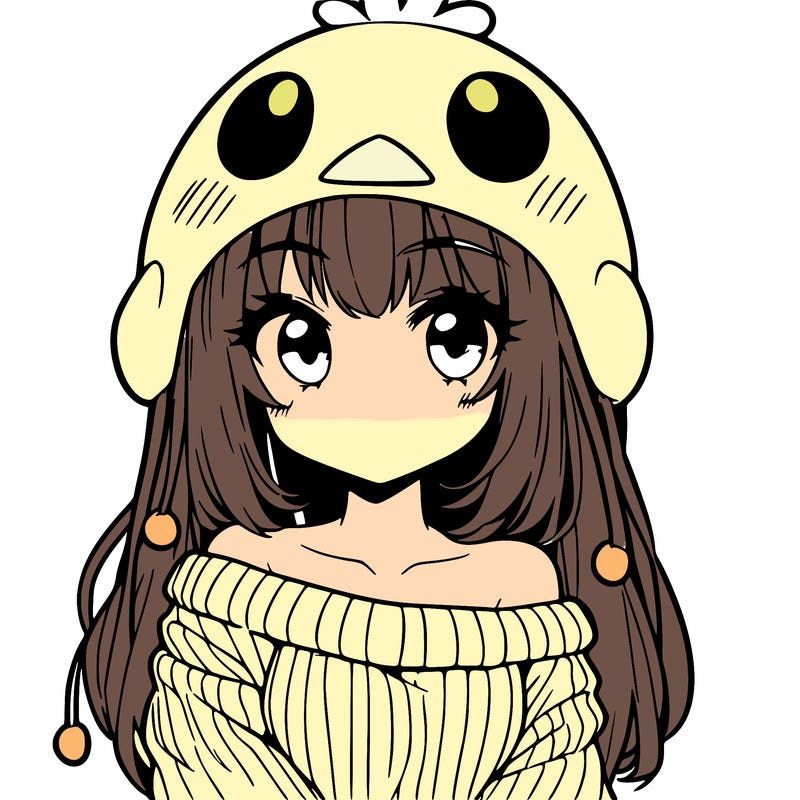 anime girl with chick shaped hat with sweater with bare shoulders with bangs covering them one eye with low tail