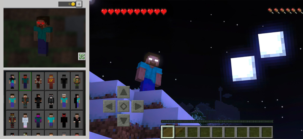 A collection of horror character skins for Minecraft and a gameplay preview featuring a character with glowing eyes at night