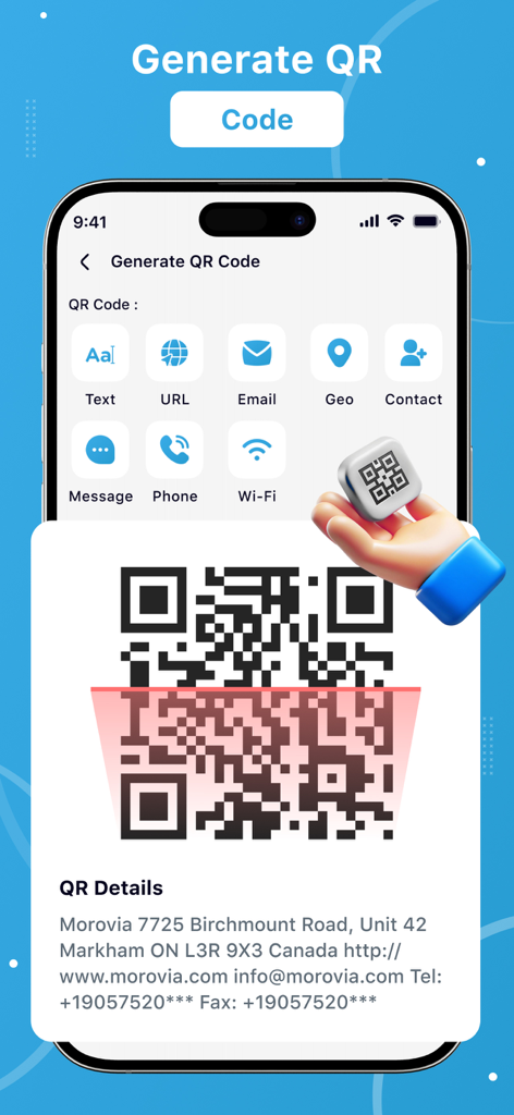 Interfaz para generar códigos QR personalizados para texto, URLs y contactos.