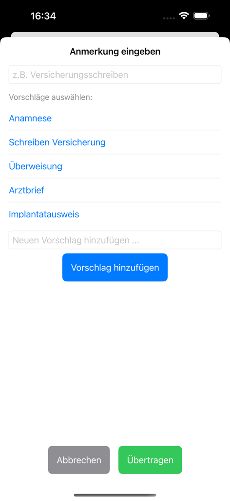 Bildschirm der DENStext-App, der Kategorien für Patientendokumentation und Felder zur Eingabe von Notizen anzeigt.