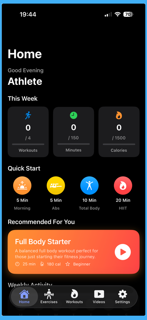 Workouts Rush - Workouts Rush app home screen showing weekly fitness progress and quick start workout options.