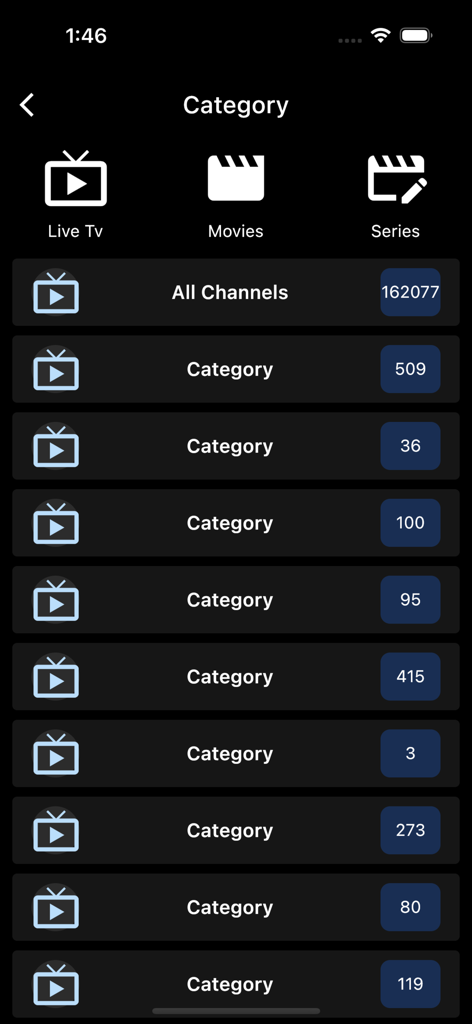 BIG IPTV(M3U Player) - BIG IPTV app interface showing live TV channel categories and counts