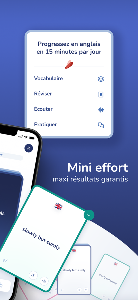 Léa English - Lea English App Screenshot mit Vokabelkarten und Lernfunktionen für Französischsprachige